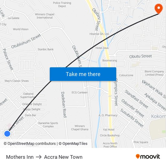 Mothers Inn to Accra New Town map