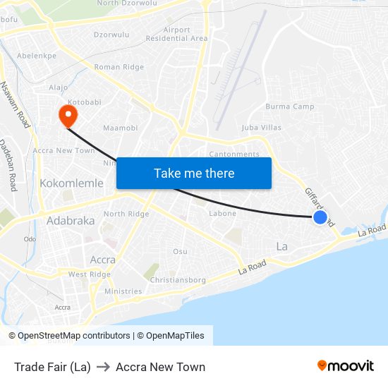 Trade Fair (La) to Accra New Town map