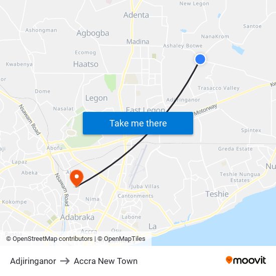 Adjiringanor to Accra New Town map