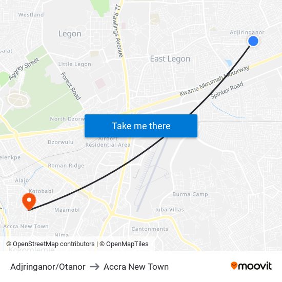 Adjringanor/Otanor to Accra New Town map
