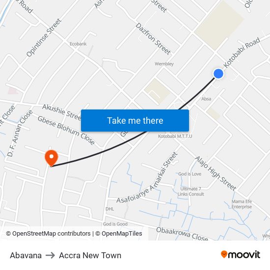 Abavana to Accra New Town map