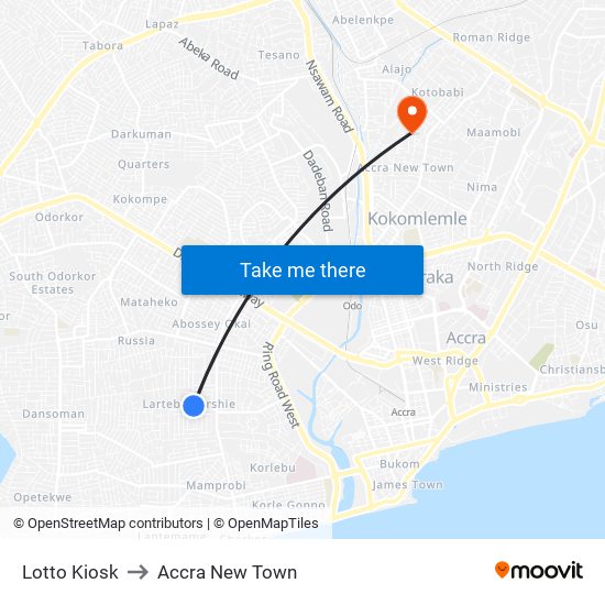 Lotto Kiosk to Accra New Town map