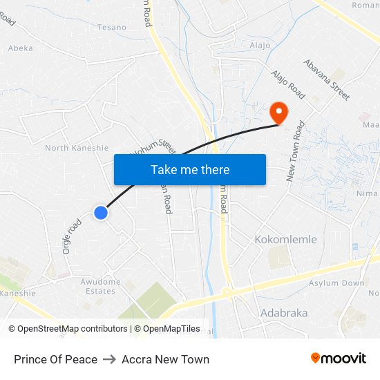 Prince Of Peace to Accra New Town map