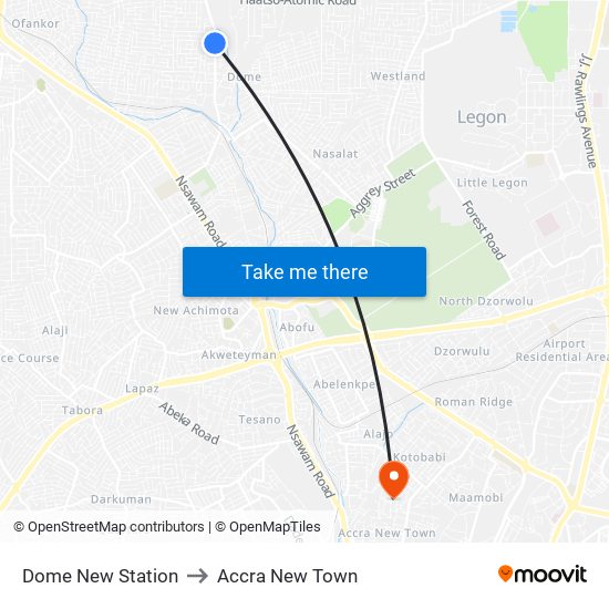 Dome New Station to Accra New Town map