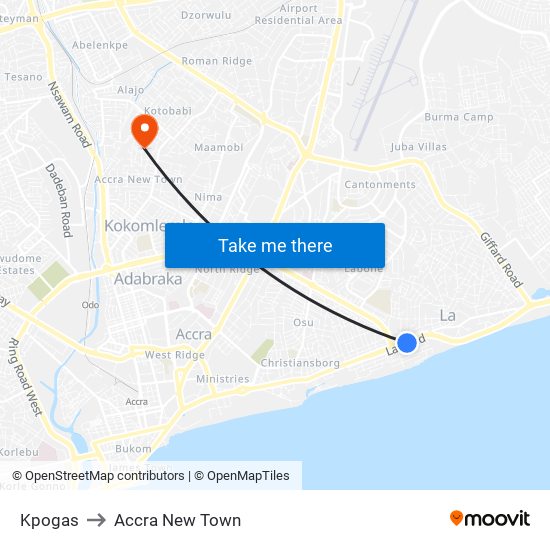 Kpogas to Accra New Town map