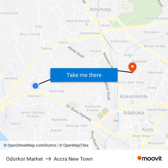 Odorkor Market to Accra New Town map