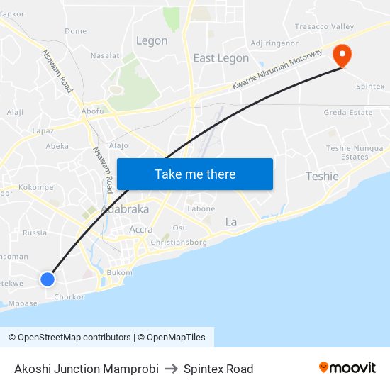 Akoshi Junction Mamprobi to Spintex Road map