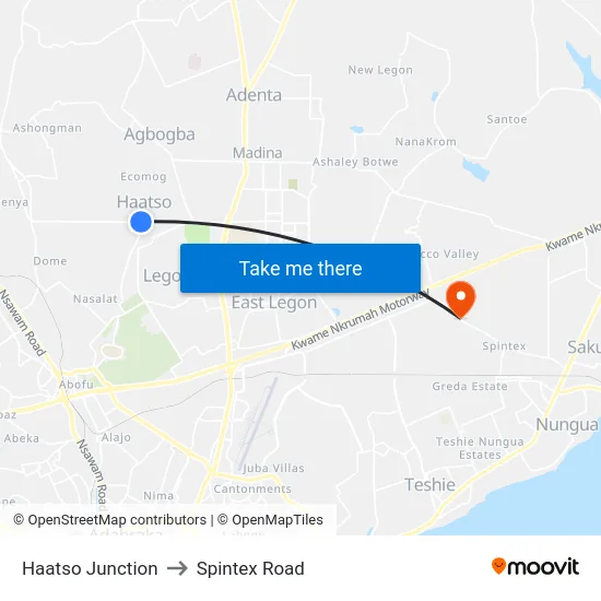 Haatso Junction to Spintex Road map