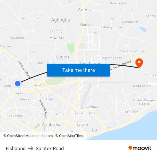 Fishpond to Spintex Road map