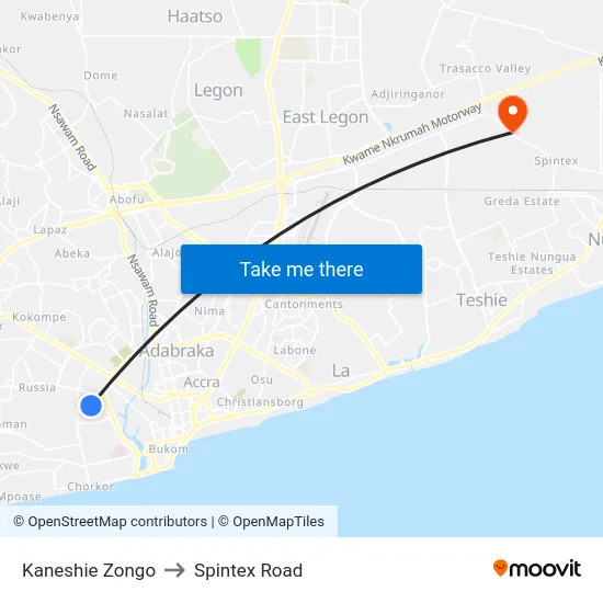 Kaneshie Zongo to Spintex Road map