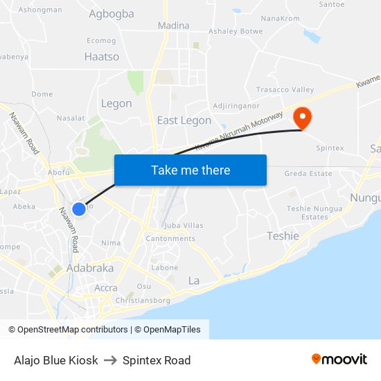 Alajo Blue Kiosk to Spintex Road map