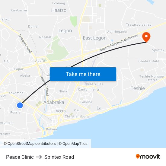 Peace Clinic to Spintex Road map