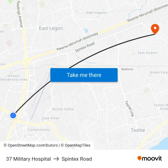 37 Military Hospital to Spintex Road map