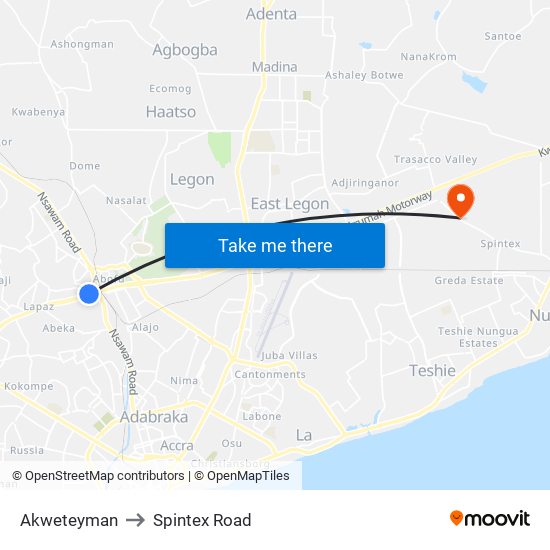 Akweteyman to Spintex Road map