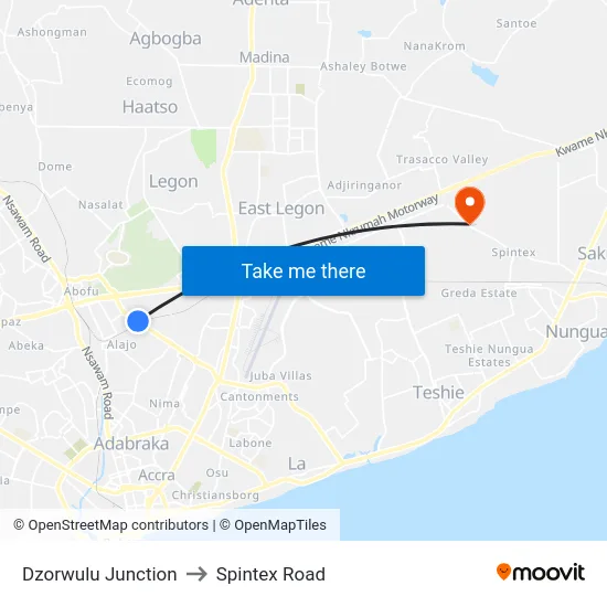Dzorwulu Junction to Spintex Road map