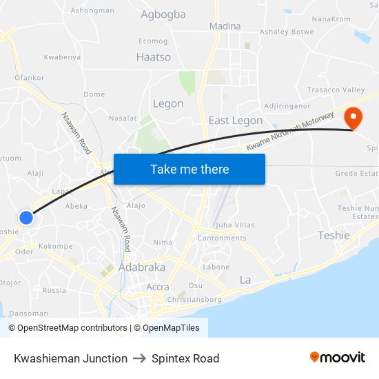 Kwashieman Junction to Spintex Road map