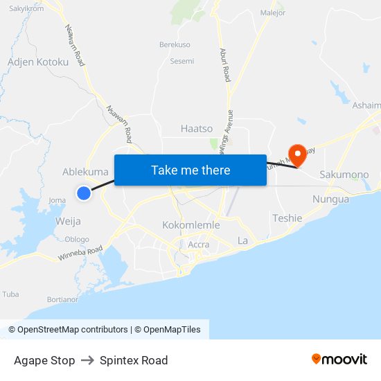 Agape Stop to Spintex Road map