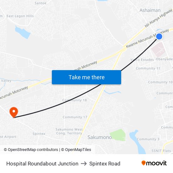 Hospital Roundabout Junction to Spintex Road map