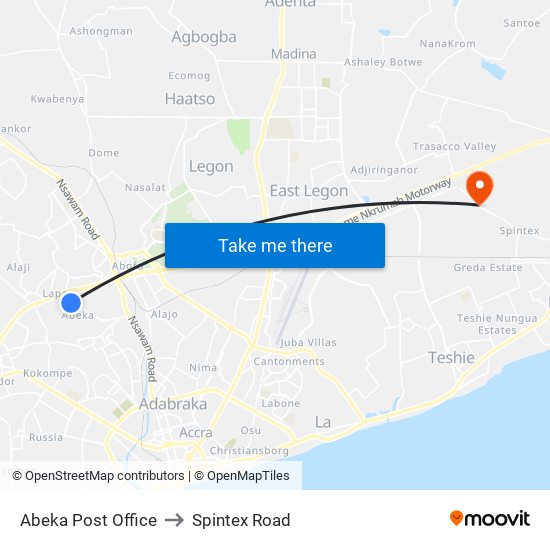 Abeka Post Office to Spintex Road map