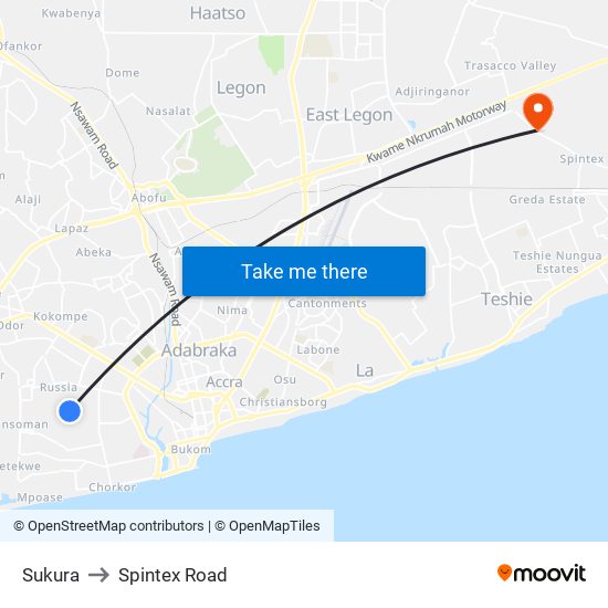 Sukura to Spintex Road map