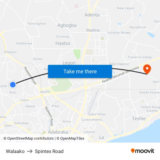 Walaako to Spintex Road map