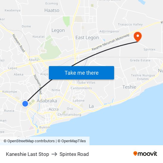 Kaneshie Last Stop to Spintex Road map