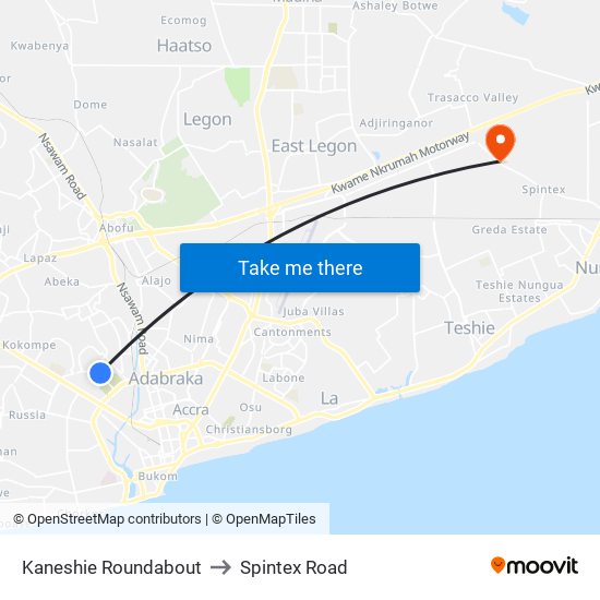 Kaneshie Roundabout to Spintex Road map