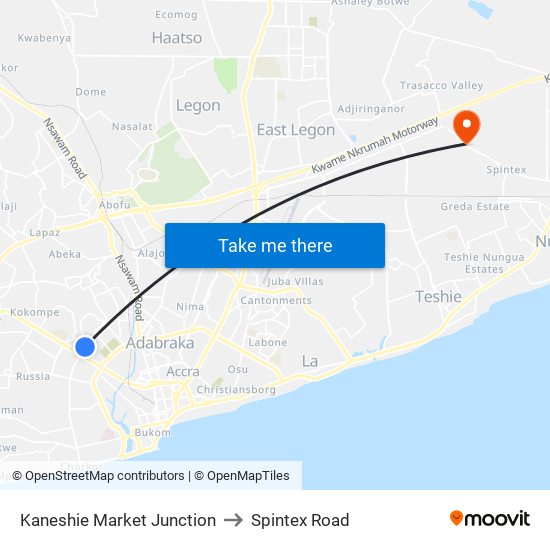Kaneshie Market Junction to Spintex Road map