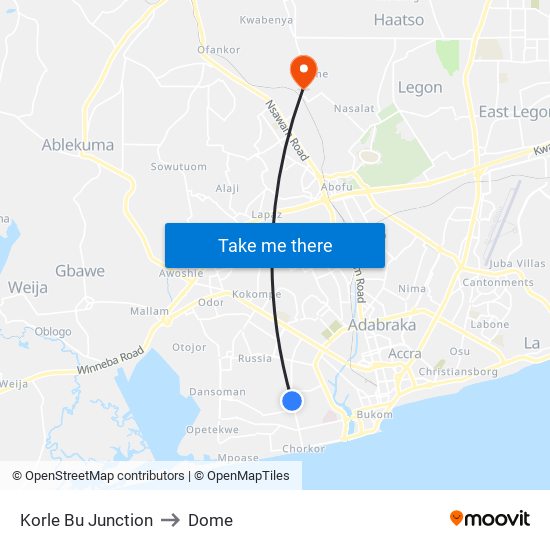 Korle Bu Junction to Dome map