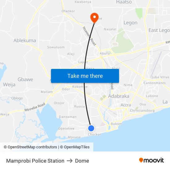 Mamprobi Police Station to Dome map