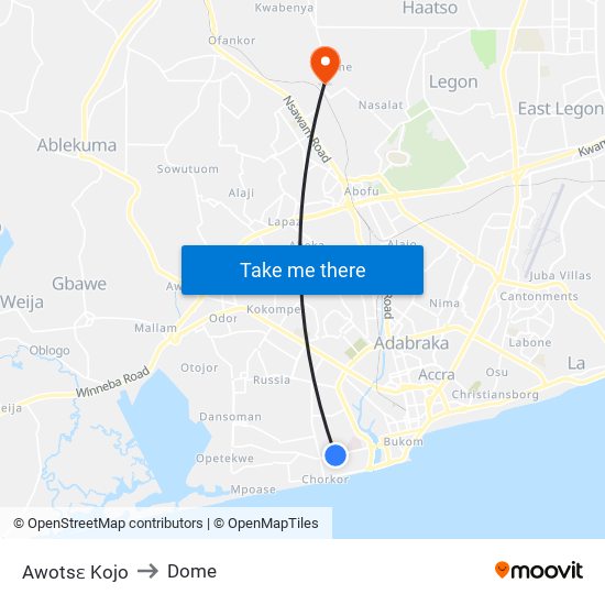 Awotsɛ Kojo to Dome map