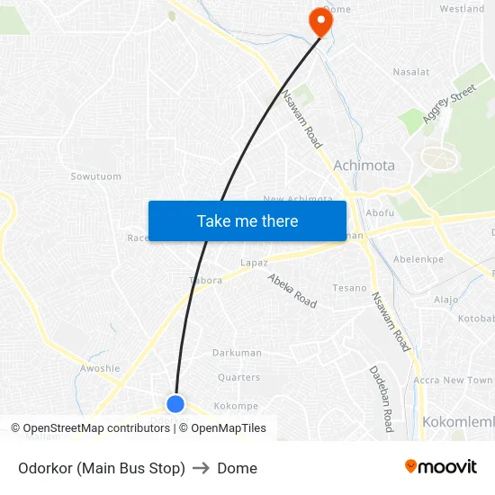 Odorkor (Main Bus Stop) to Dome map
