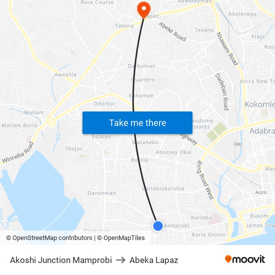 Akoshi Junction Mamprobi to Abeka Lapaz map