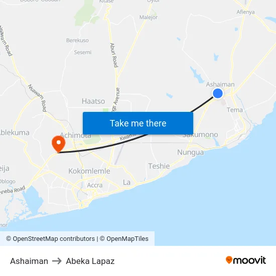 Ashaiman to Abeka Lapaz map