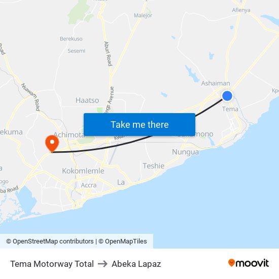 Tema Motorway Total to Abeka Lapaz map