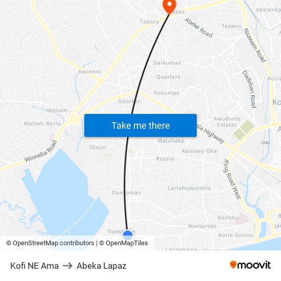 Kofi NE Ama to Abeka Lapaz map
