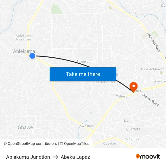 Ablekuma Junction to Abeka Lapaz map