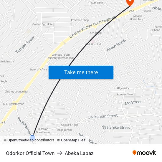 Odorkor Official Town to Abeka Lapaz map