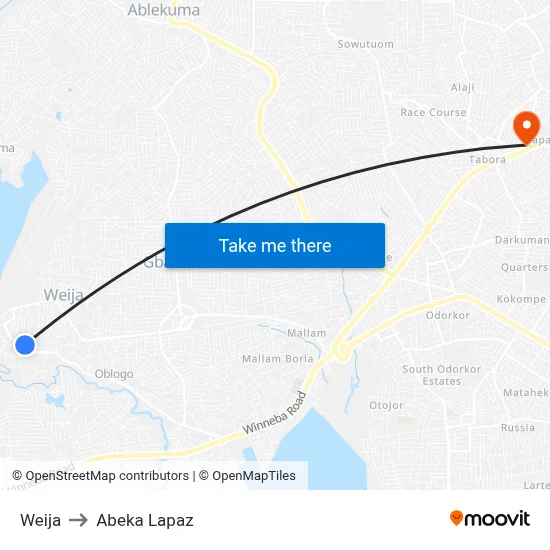 Weija to Abeka Lapaz map