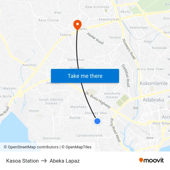 Kasoa Station to Abeka Lapaz map