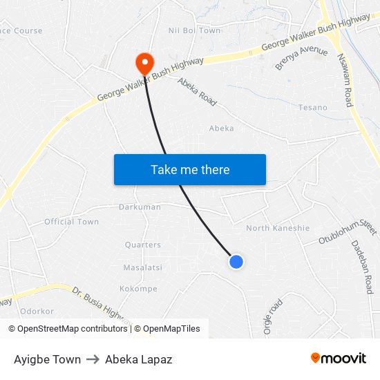 Ayigbe Town to Abeka Lapaz map