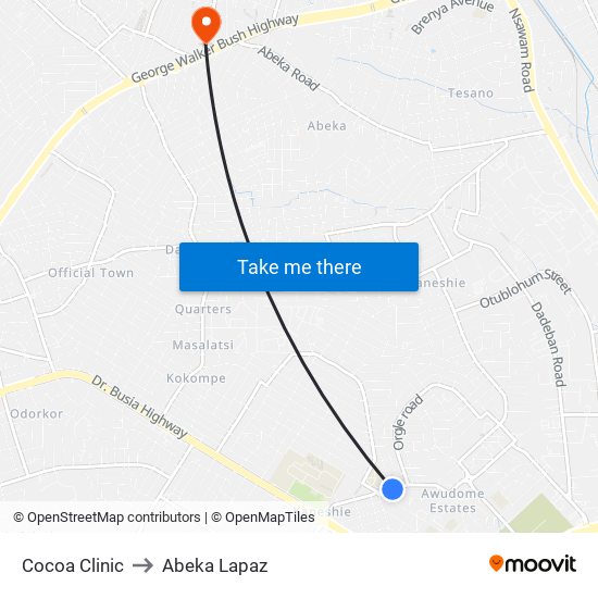 Cocoa Clinic to Abeka Lapaz map