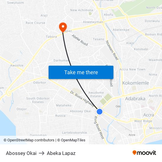 Abossey Okai to Abeka Lapaz map