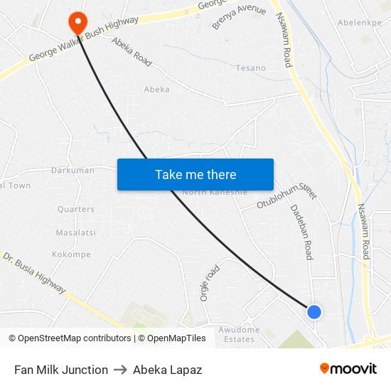 Fan Milk Junction to Abeka Lapaz map
