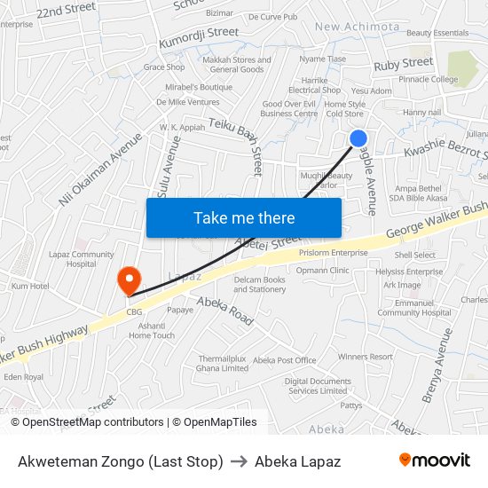 Akweteman Zongo (Last Stop) to Abeka Lapaz map