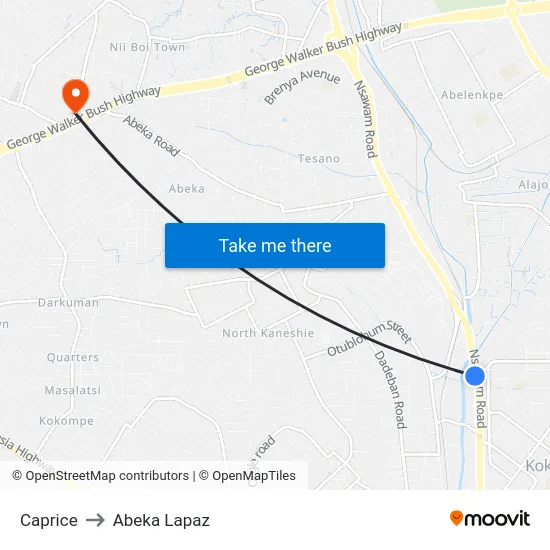 Caprice to Abeka Lapaz map
