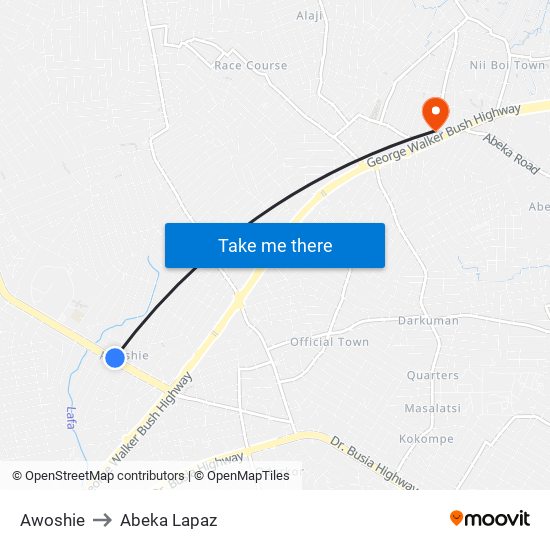 Awoshie to Abeka Lapaz map
