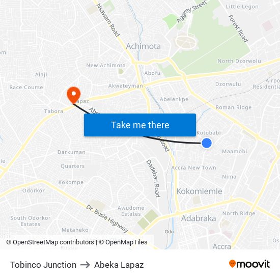 Tobinco Junction to Abeka Lapaz map