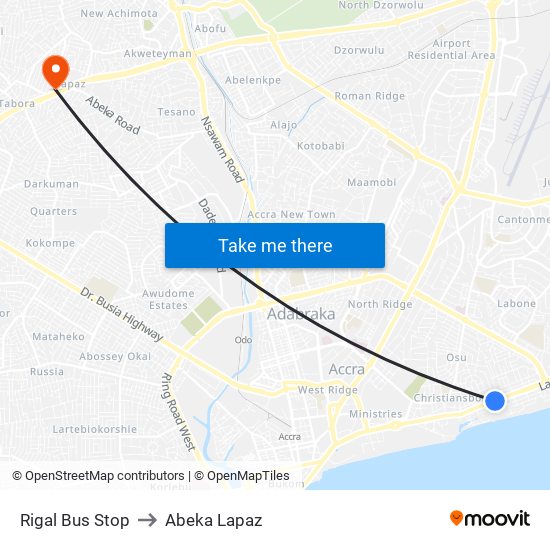 Rigal Bus Stop to Abeka Lapaz map