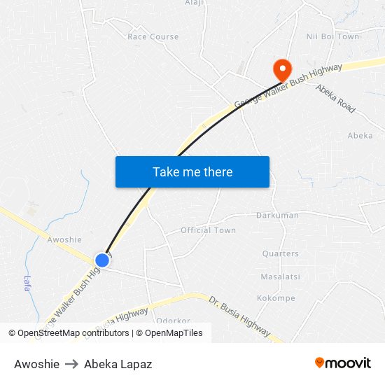 Awoshie to Abeka Lapaz map